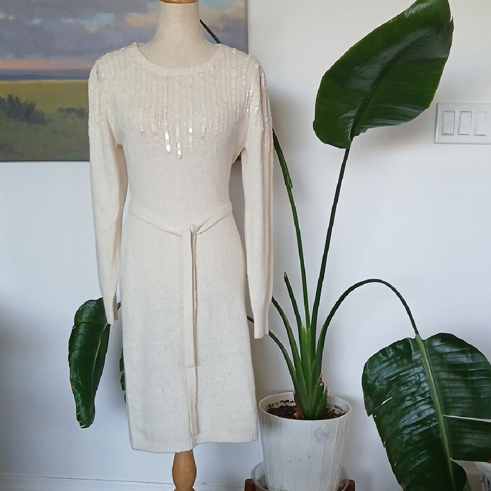 Vintage 80s Raoul Petites Cream Long Sleeve Sequin Sweater Dress